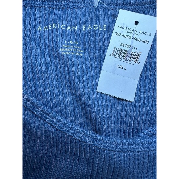 AMERICAN EAGLE‎ Lettuce Cut Ribbed Crop Long Sleeve Blue Shirt Women's LARGE NWT - Picture 5 of 11